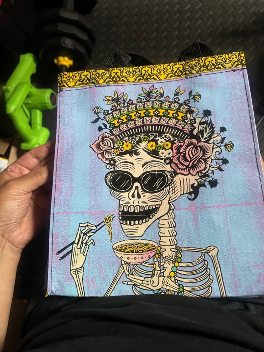 Blue Q Skull with Floral Crown on Blue Background
